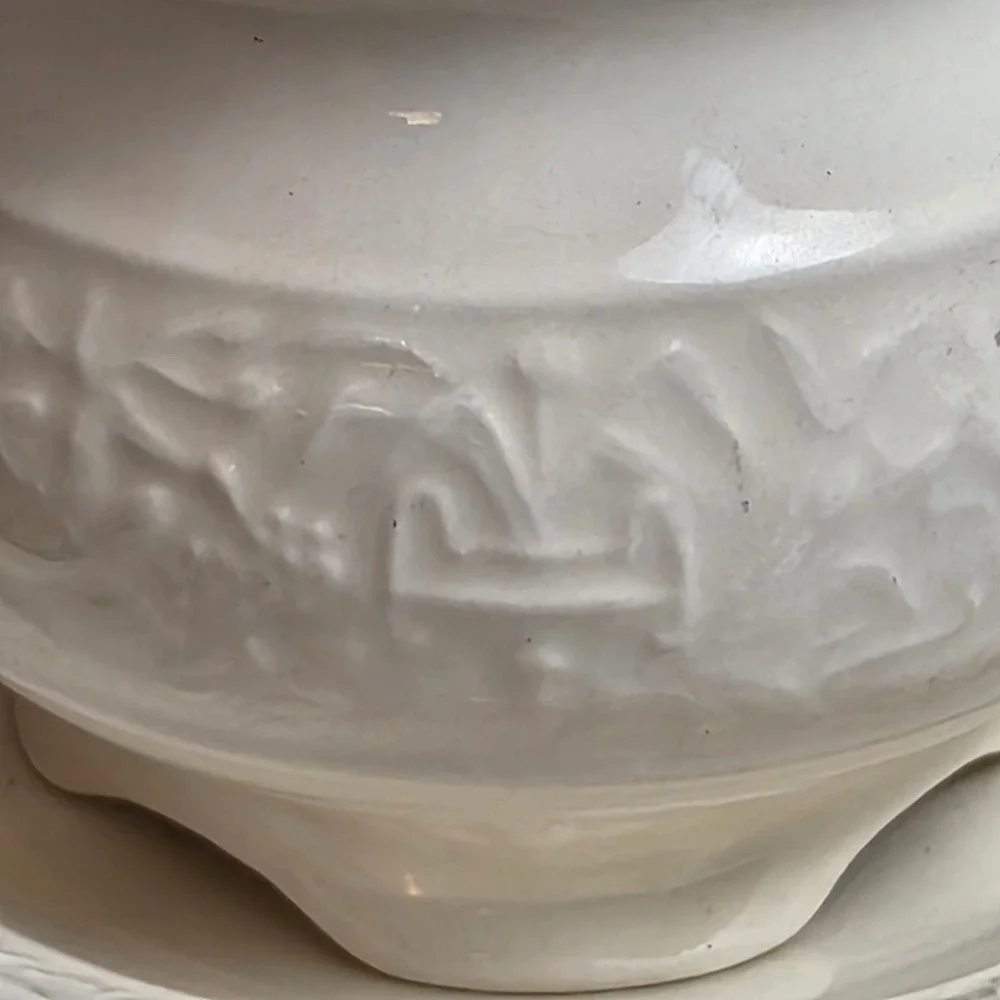 Vintage Cream Ceramic Embossed Floral Creamer and Saucer Set Scalloped Footed‎
